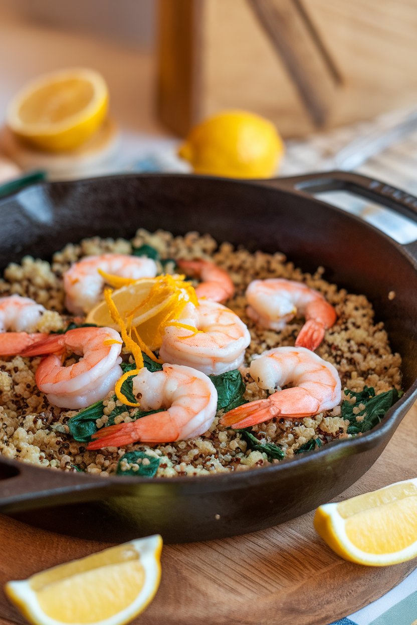 An indoor cast-iron skillet filled with cooked quinoa, pink shrimp, spinach, and lemon zest on top. No logos or text. Photo.