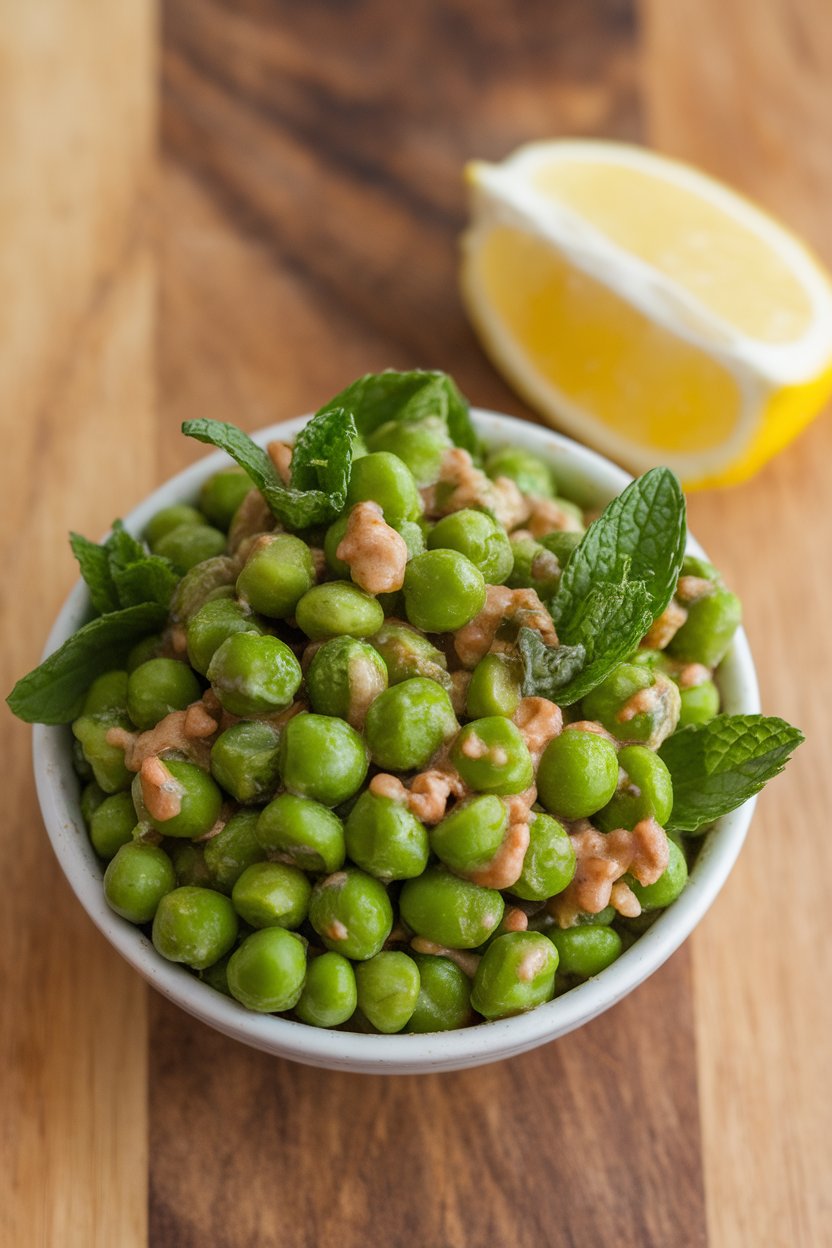 Indoor photo of bright green peas tossed with fresh mint leaves in a small bowl, lemon wedge nearby. No text or logos; photograph.