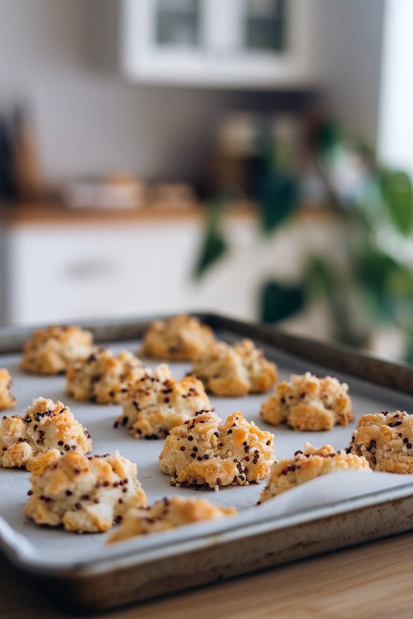An indoor baking sheet holding golden coconut macaroons dotted with quinoa, photo, no logos.