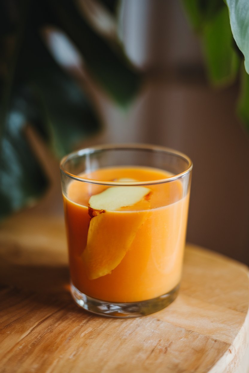 A photo of an indoor clear glass with orange papaya juice and a thin slice of ginger floating; no text or logos.