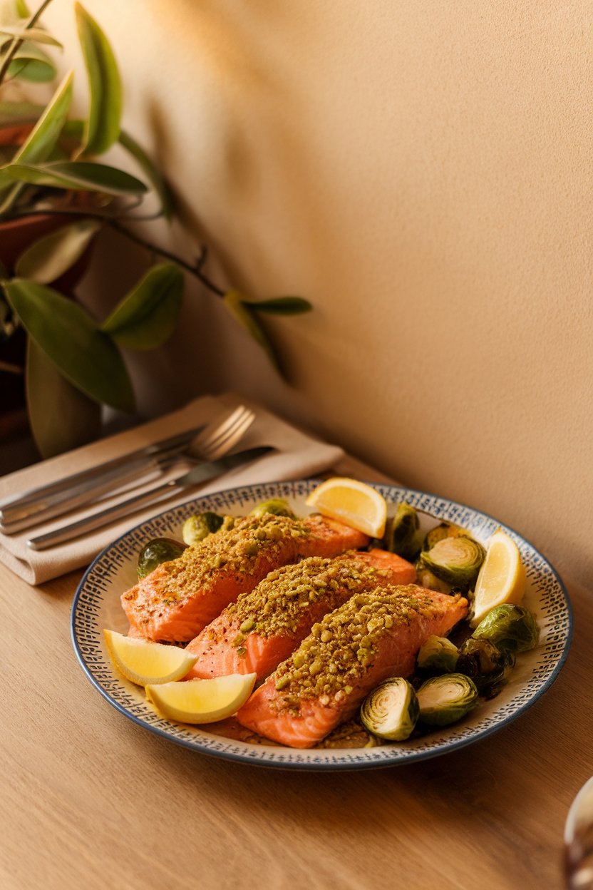 A warmly lit indoor table featuring salmon fillets coated in crushed pistachios, served alongside lemon wedges and roasted Brussels sprouts. No logos or text anywhere.