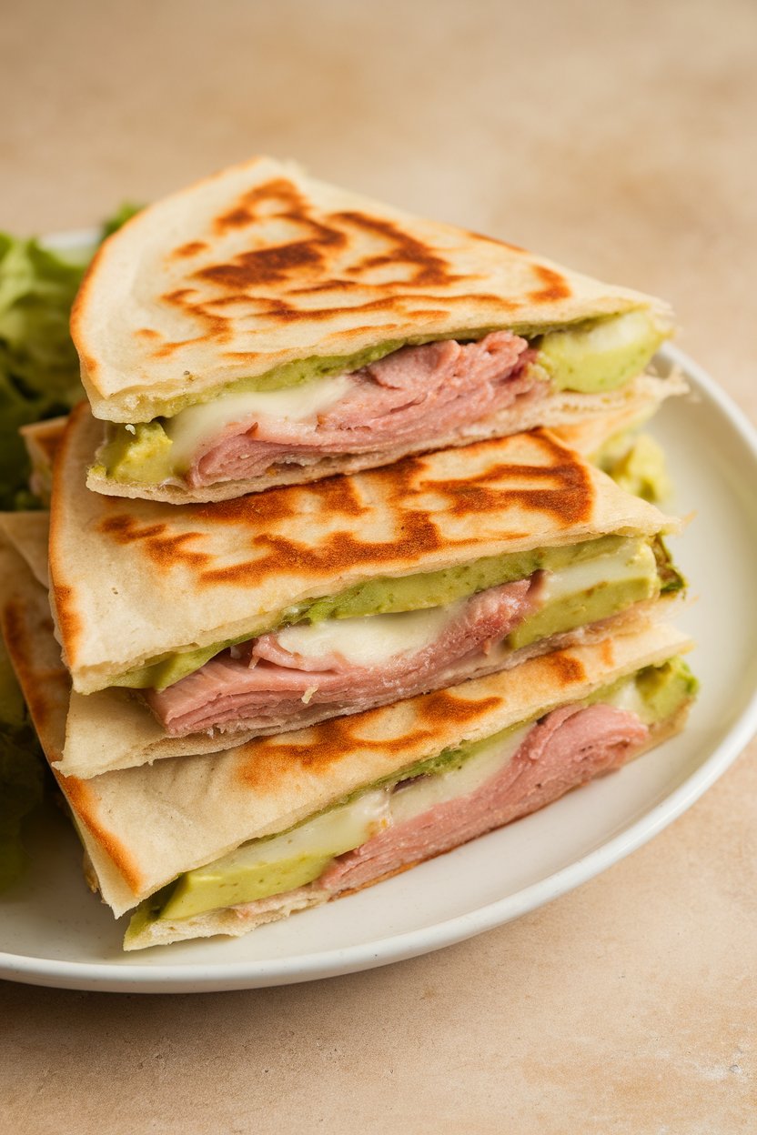 Indoor lunch plate, smoked turkey avocado quesadilla slices, melted cheese, photo, no text or logos.