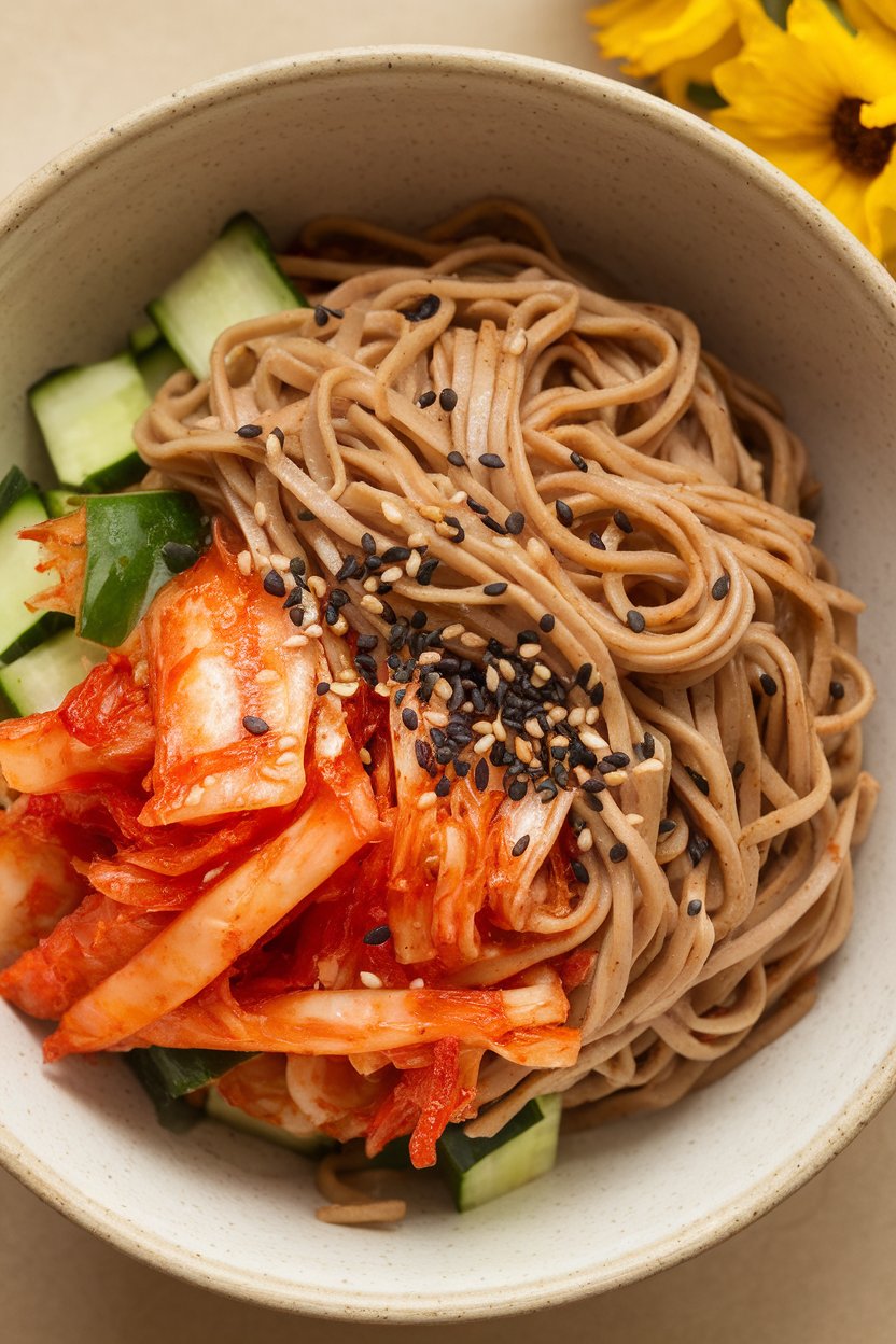 An indoor setting displaying buckwheat noodles stirred with chopped kimchi, cucumbers, and sesame seeds; no text or logos.