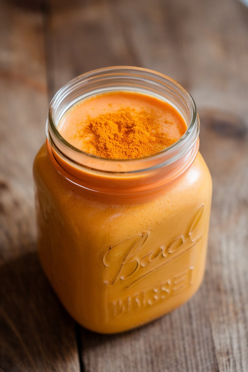 A photo of an indoor mason jar containing thick orange smoothie, turmeric dusting on top; no text or logos.