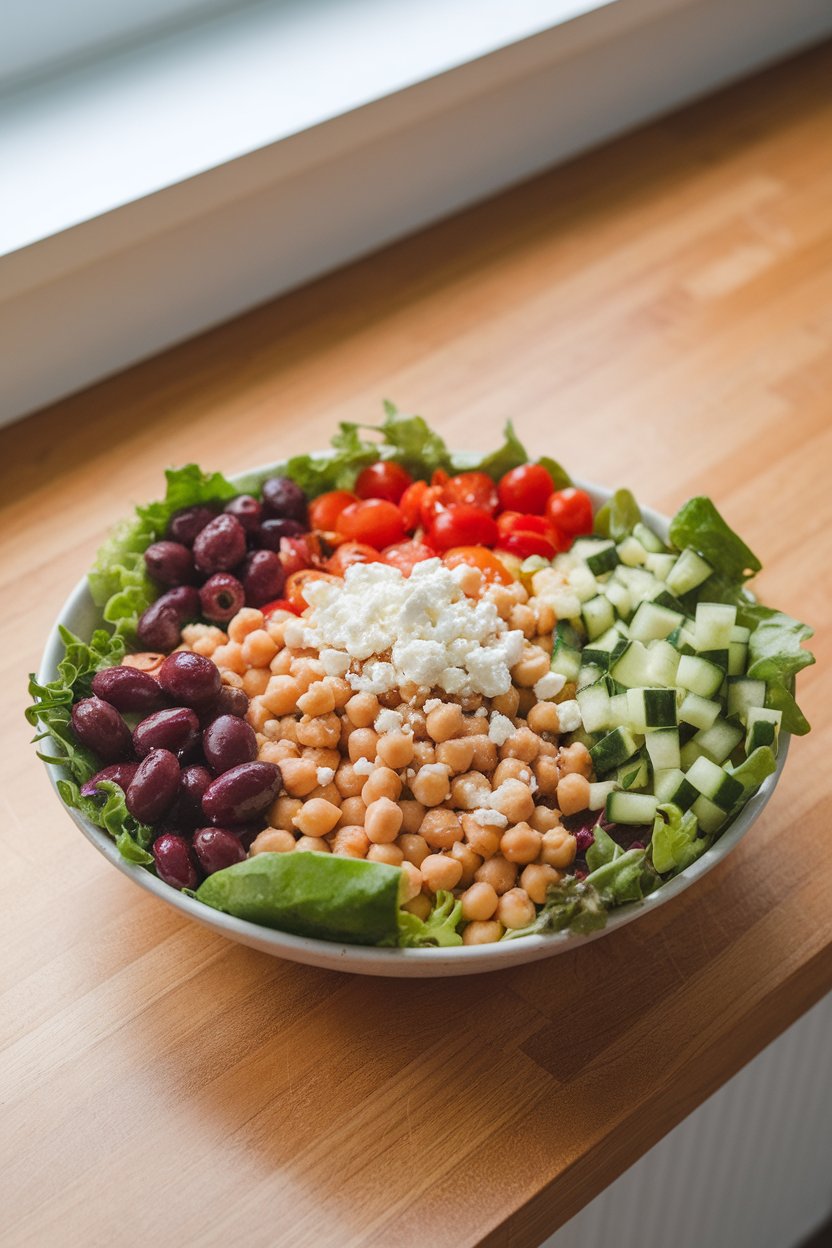 Indoor countertop shot of a wide salad bowl filled with chickpeas, diced cucumber, cherry tomatoes, olives, and crumbled feta; light vinaigrette glistens under soft window light; photo, no text or logos.