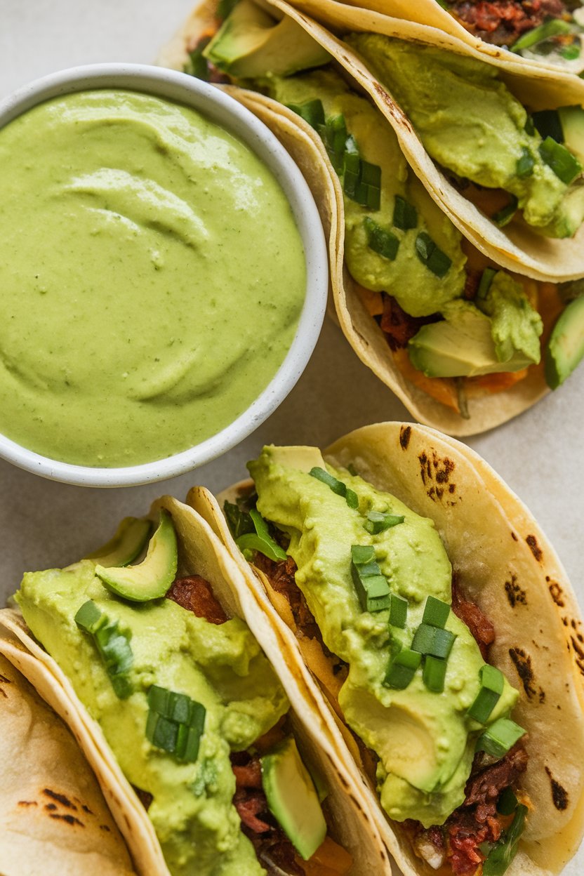 Photo — An indoor bowl of avocado-based green sauce beside tacos, showing smooth texture. No logos or text visible.