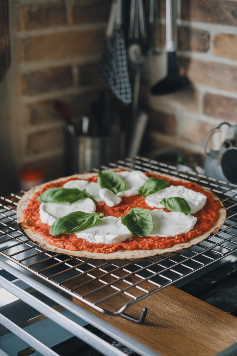 Indoor photo of thin red lentil tortilla pizza topped with fresh mozzarella and basil leaves on a metal rack, no text or logos