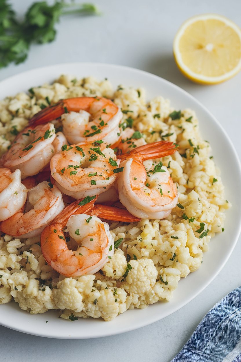 Indoor plate of sautéed garlic shrimp arranged atop cauliflower rice flecked with herbs, lemon slice nearby. No text or logos, photo not illustration.
