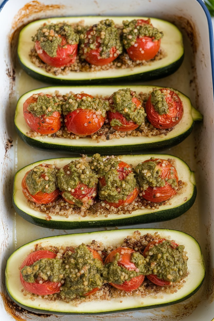 An indoor baking dish holding hollowed zucchini halves filled with pesto-coated cherry tomatoes and quinoa, lightly browned. No text or logos. Photo, not illustration.