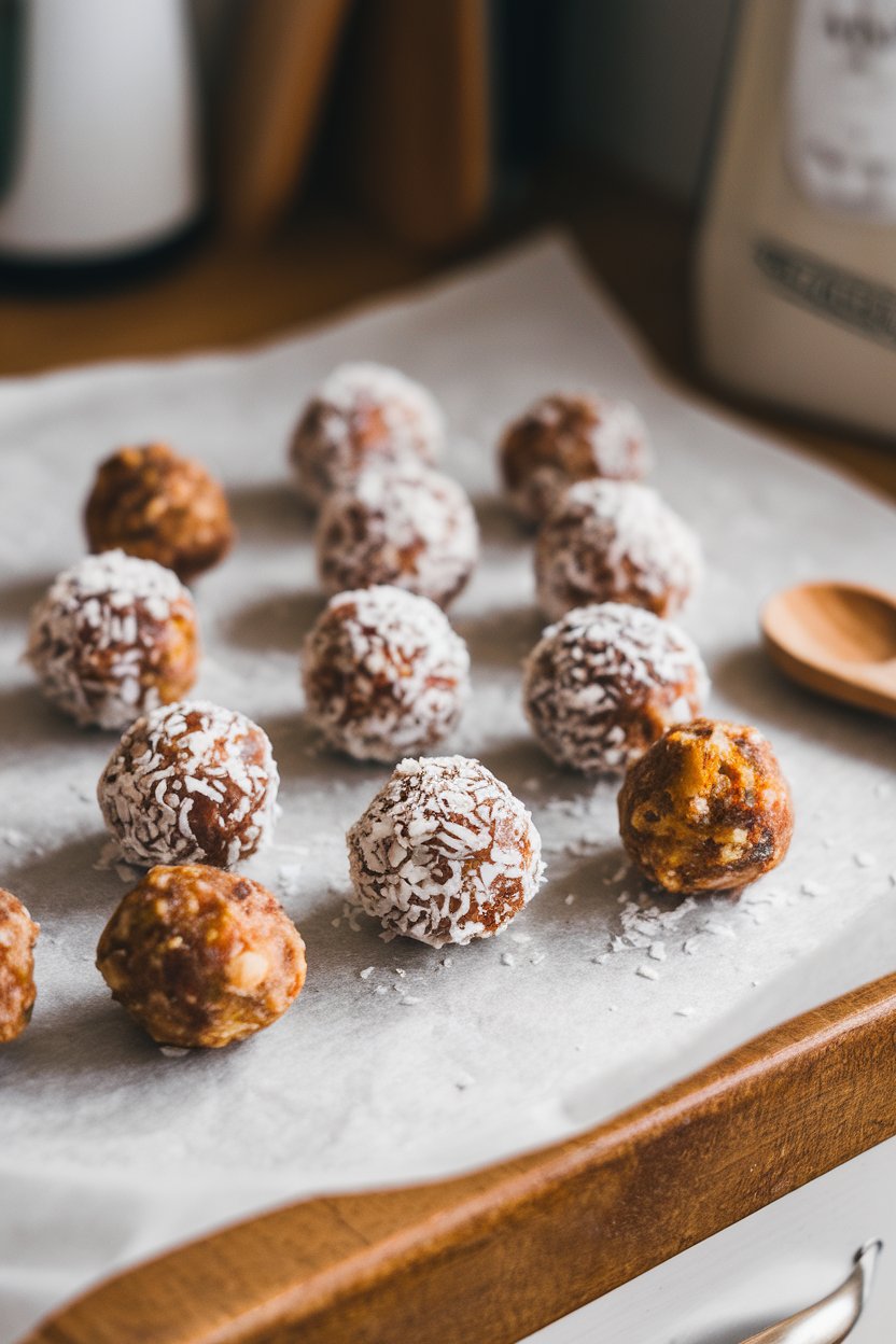 A parchment-lined indoor countertop dotted with round coconut-coated date energy balls, photo style, no text or logos.