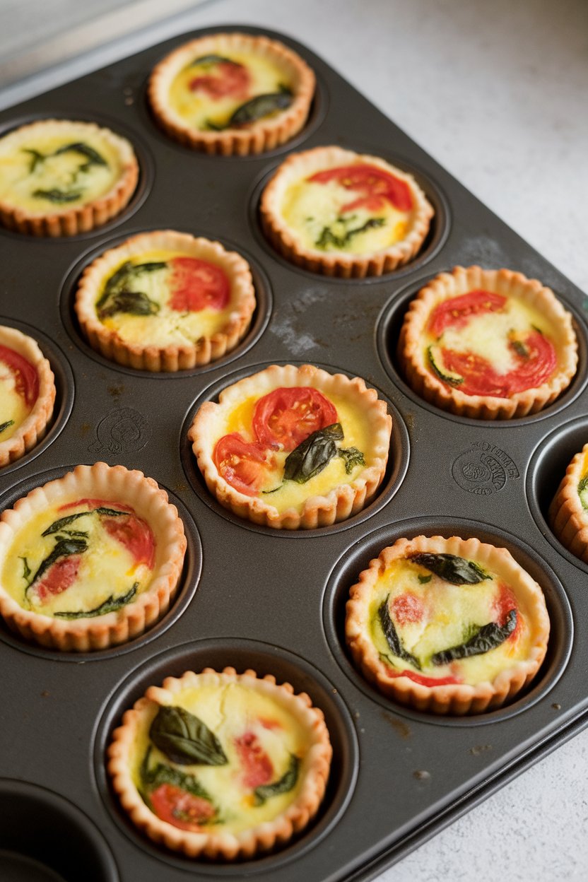 Indoor countertop sprinkled with several mini tomato-basil-mozzarella quiches in muffin tins, golden tops, no text or logos.
