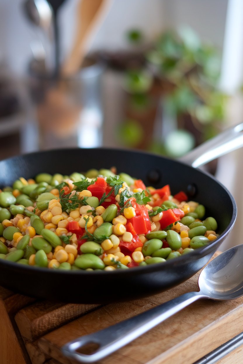 A skillet indoors holding a medley of cooked edamame, corn kernels, diced red bell pepper, and herbs. Photo, no text or logos.