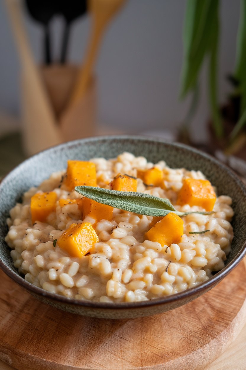 A bowl indoors of creamy barley risotto speckled with orange squash cubes and sage; no text or logos, photo only