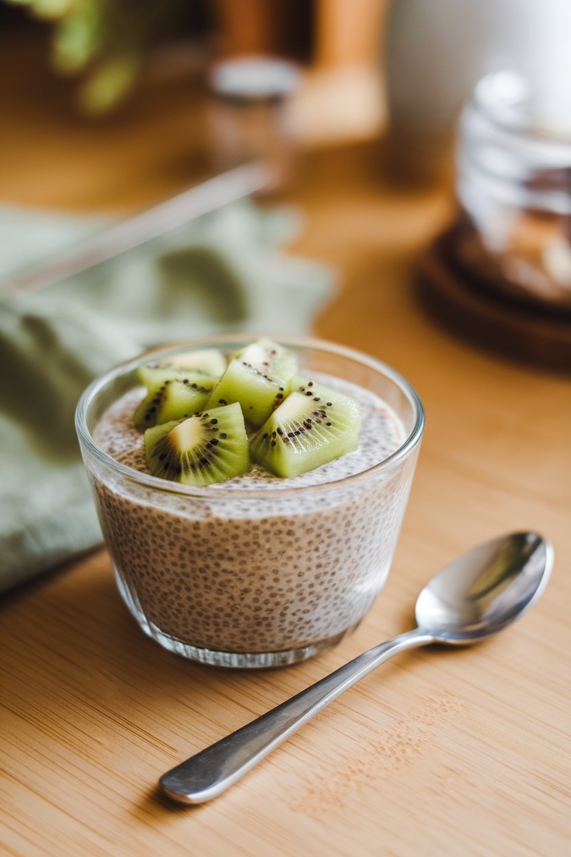 Photo of a small glass bowl on an indoor breakfast table containing creamy chia pudding topped with kiwi cubes, silver spoon alongside, no text or logos