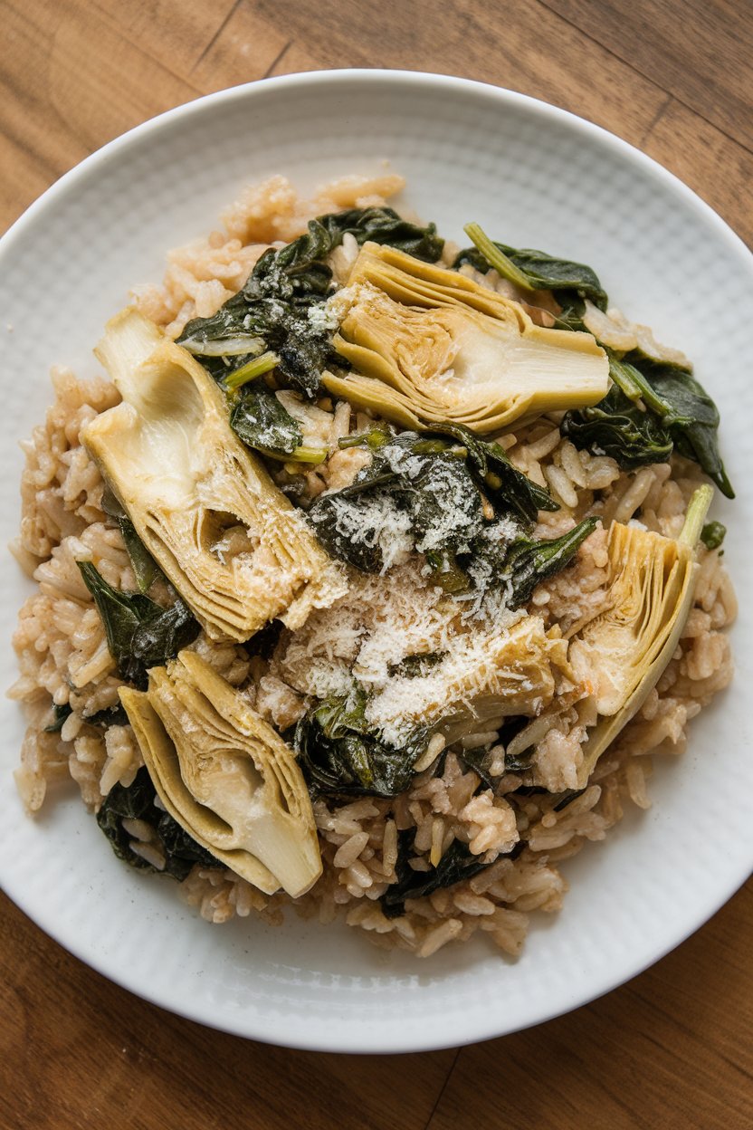 Indoor image of brown rice mixed with sautéed spinach, artichoke hearts, and a sprinkle of grated Parmesan. No text or logos.