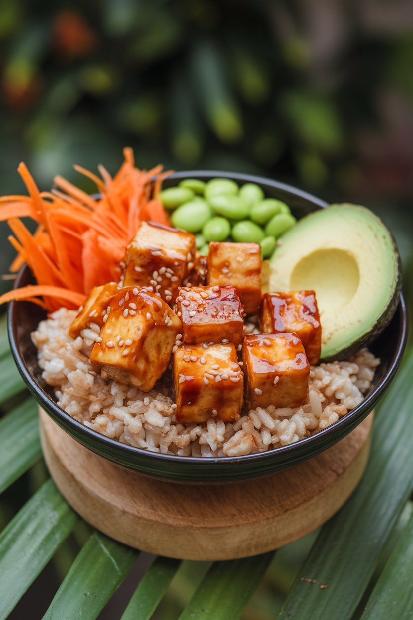 Indoor bowl layered with brown rice, teriyaki-glazed tofu cubes, julienned carrots, edamame, and avocado slices, sesame seeds scattered. Photo only, no text or logos.