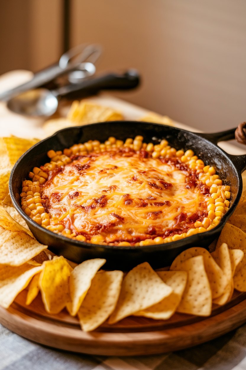 Cast-iron skillet of bubbling corn dip with melted cheese, chips arranged around on an indoor wooden board. No text or logos. Photo.