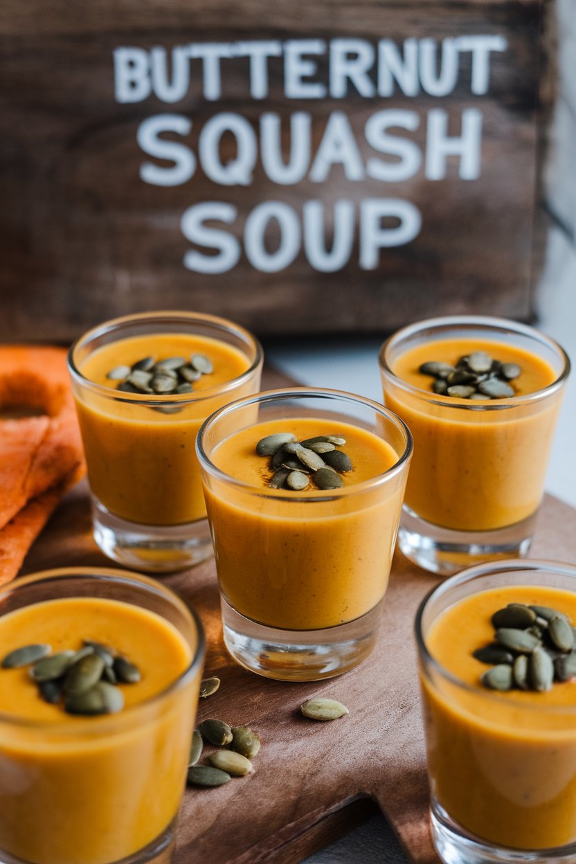 Photo of small indoor shot glasses filled with creamy orange butternut squash soup, pumpkin seed garnish on top, no text or logos.