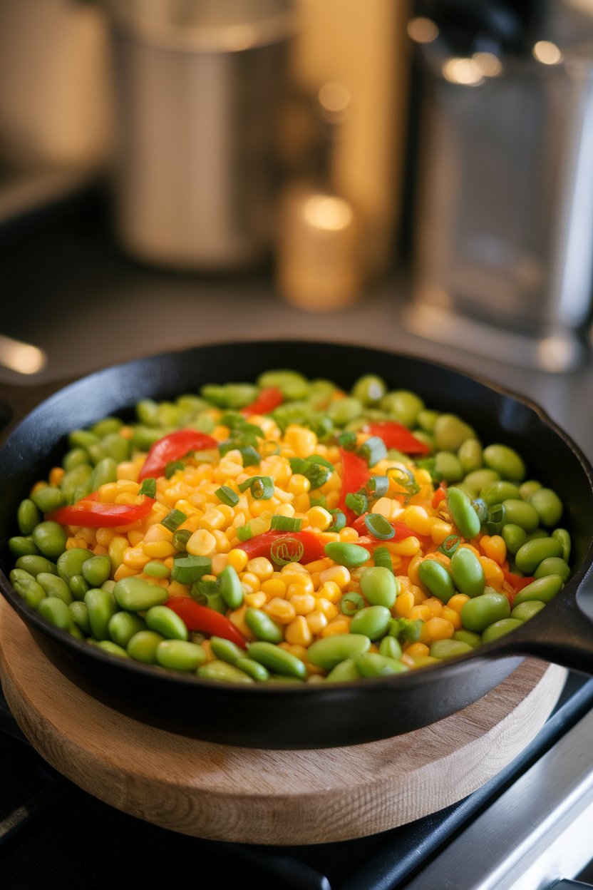 Indoor photo of a skillet filled with bright green edamame and yellow corn kernels sautéed with red bell pepper; no text or logos.