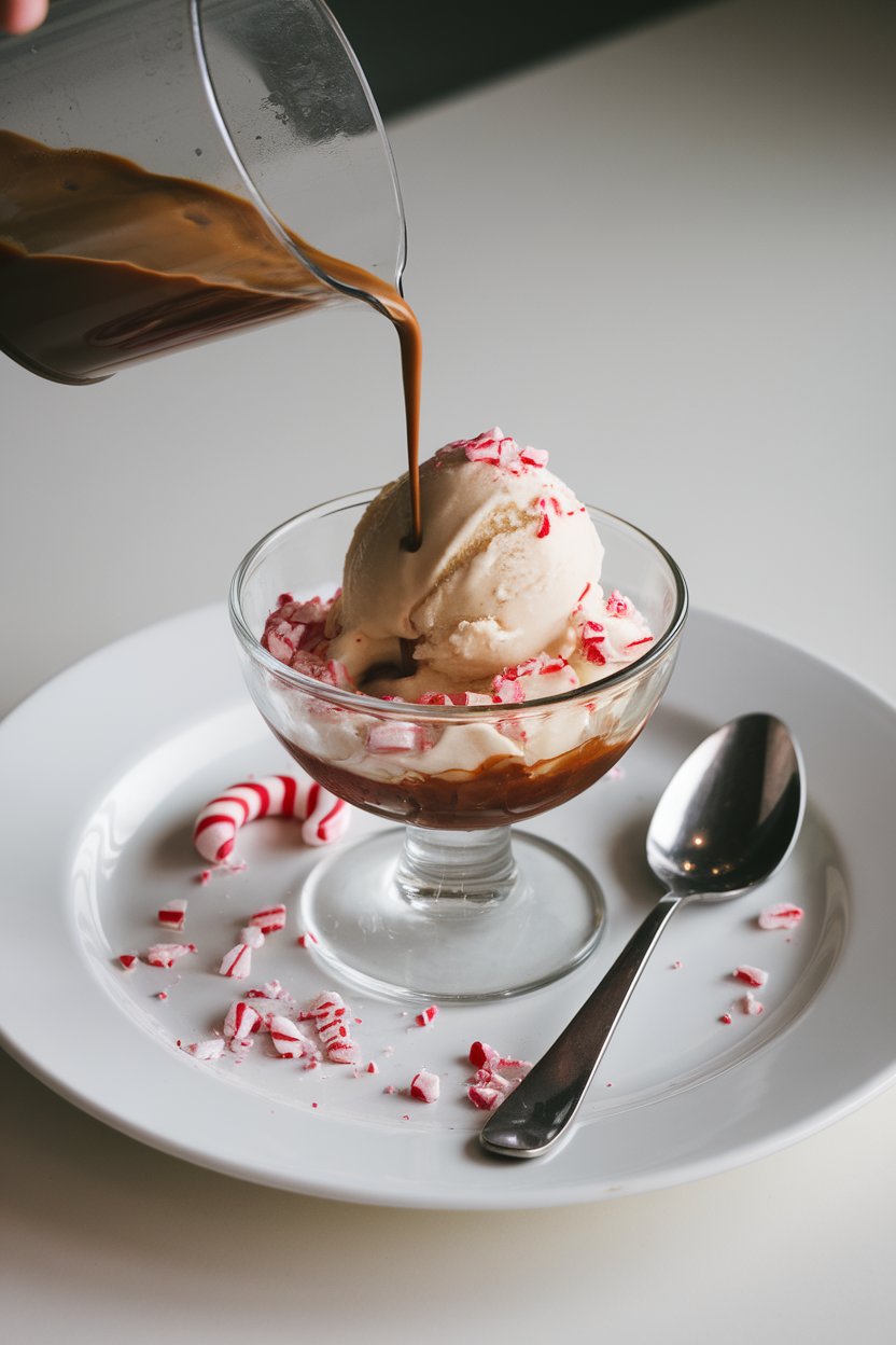 Indoor dessert plate with a scoop of peppermint ice cream in a small glass bowl, espresso being poured over, crushed red-and-white candy cane scattered around. No text or logos. Photo only.