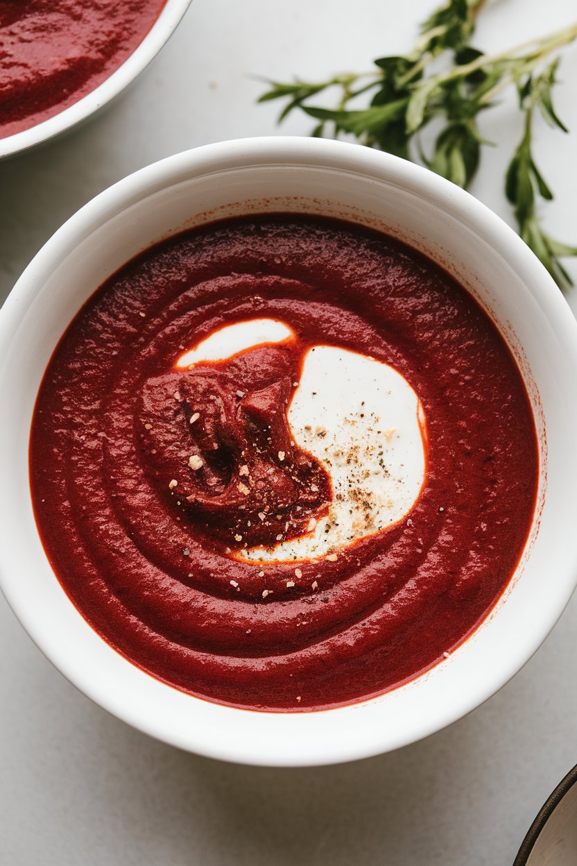 Indoor bowl of deep red soup topped with a swirl of coconut cream and cracked black pepper. No text or logos; photo.