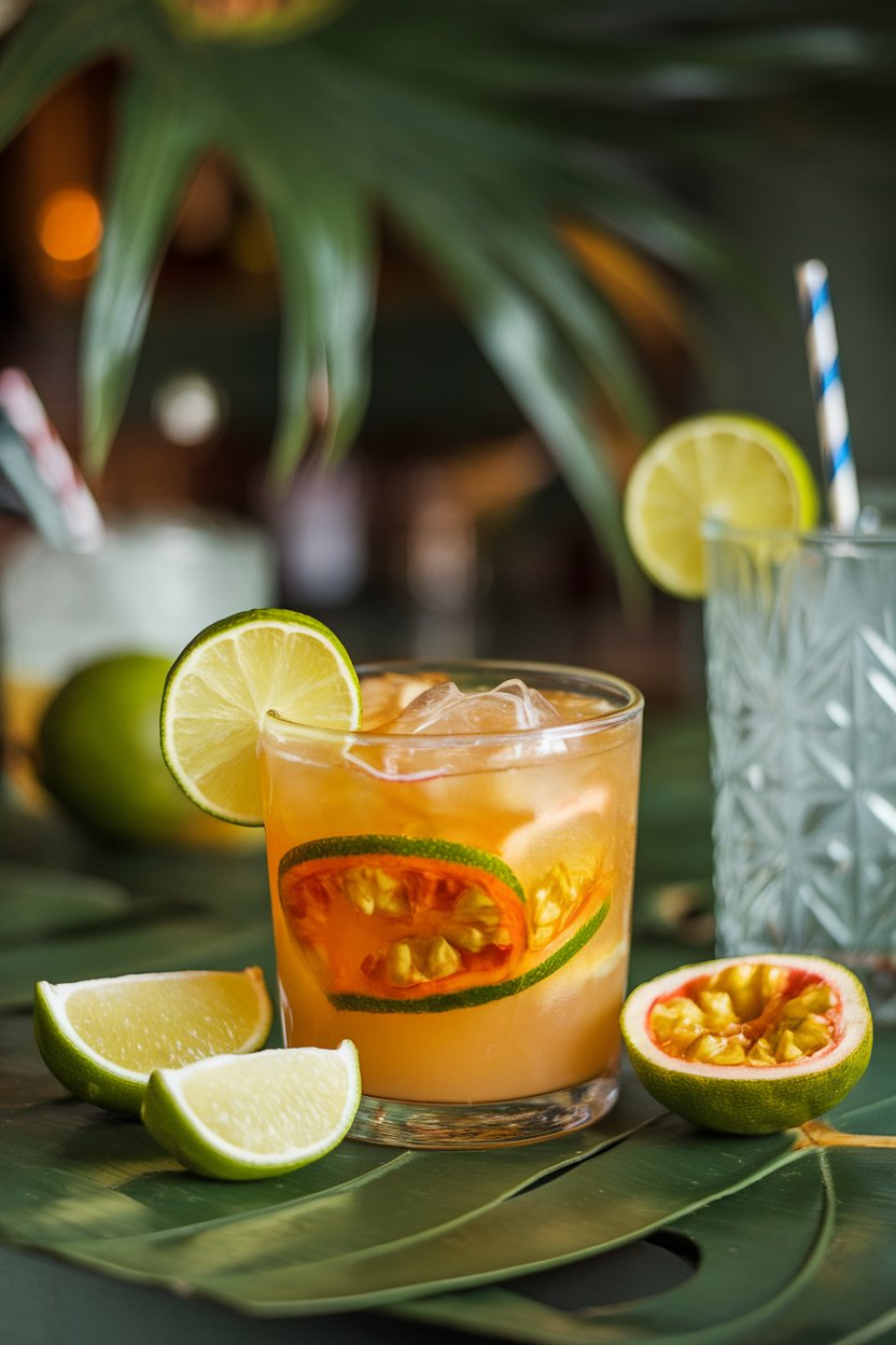 An indoor tropical-themed bar with a short glass Passionfruit Caipirinha, lime wedges and vibrant pulp visible. No text or logos.