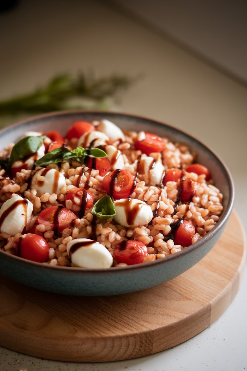 Indoor photo of a wide bowl featuring cooked farro mixed with cherry tomatoes, mozzarella pearls, and basil, drizzle of balsamic, no text or logos.