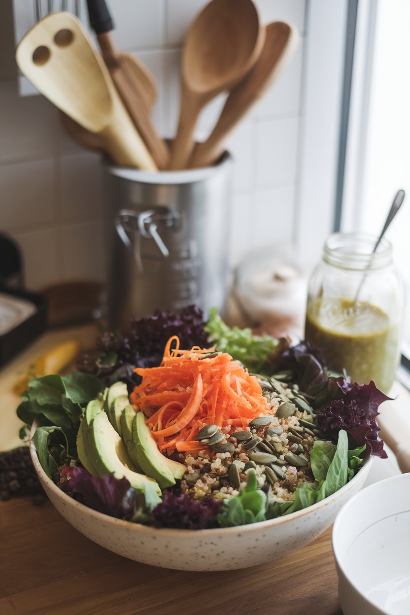 Indoor healthy-food café scene with mixed greens, shredded carrots, quinoa, avocado, and pumpkin seeds drizzled in ginger miso dressing. Photo only, no text or logos.