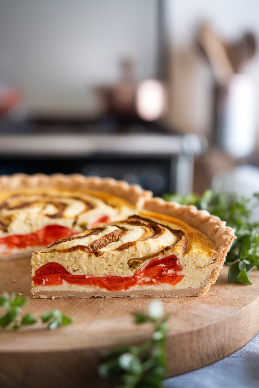 Indoor image featuring a quiche slice with visible hummus swirl and roasted peppers, no text or logos.