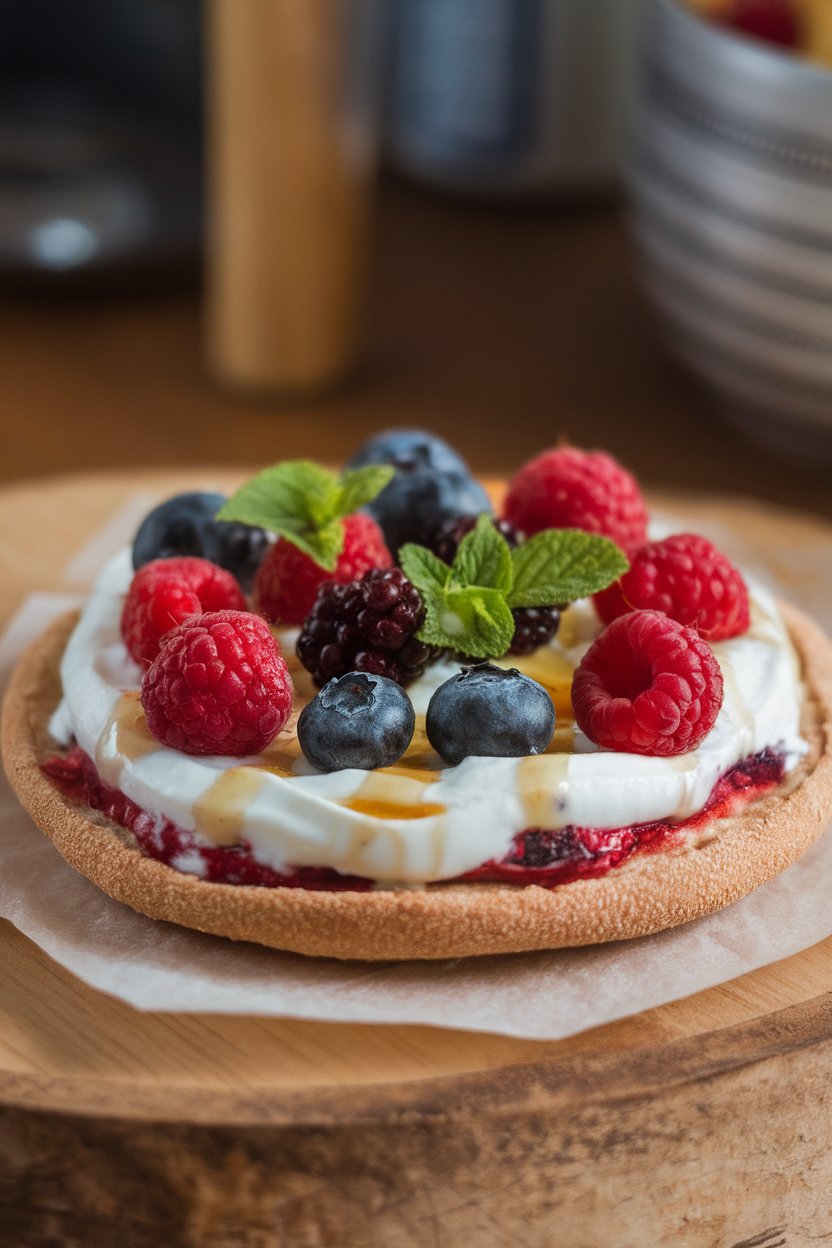 Indoor photo of whole-wheat pita pizza topped with Greek yogurt, fresh berries, and drizzle of honey on a small board, no text or logos