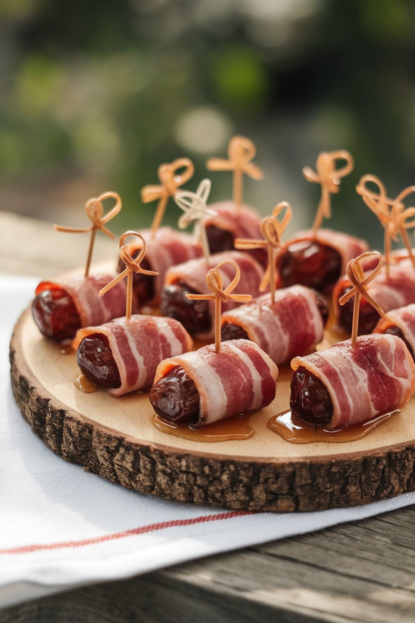 A warmly lit indoor wooden board topped with bacon-wrapped dates secured by cocktail picks, a drizzle of honey catching the light. No text or logos anywhere in the scene. Photo, not illustration.