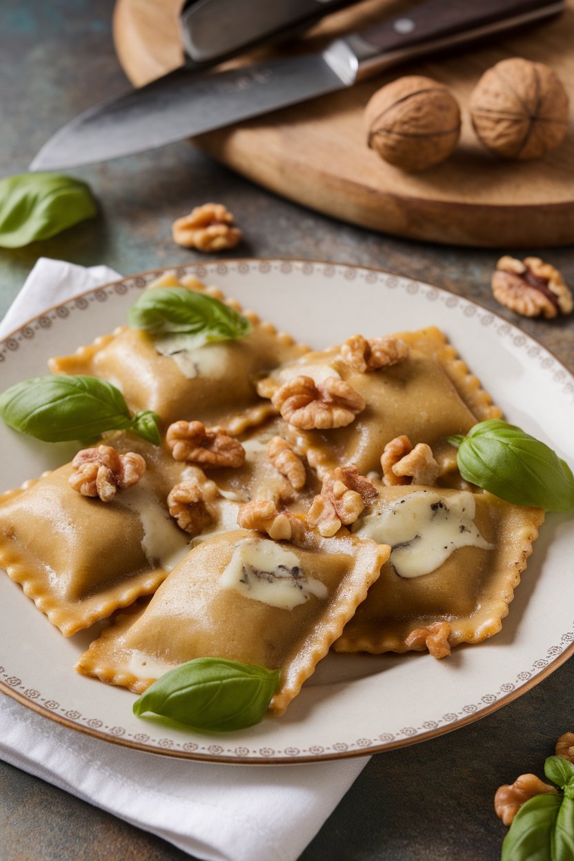 Indoor plate of whole-wheat ravioli stuffed with pear, dotted with melted gorgonzola and walnut pieces. No text or logos.