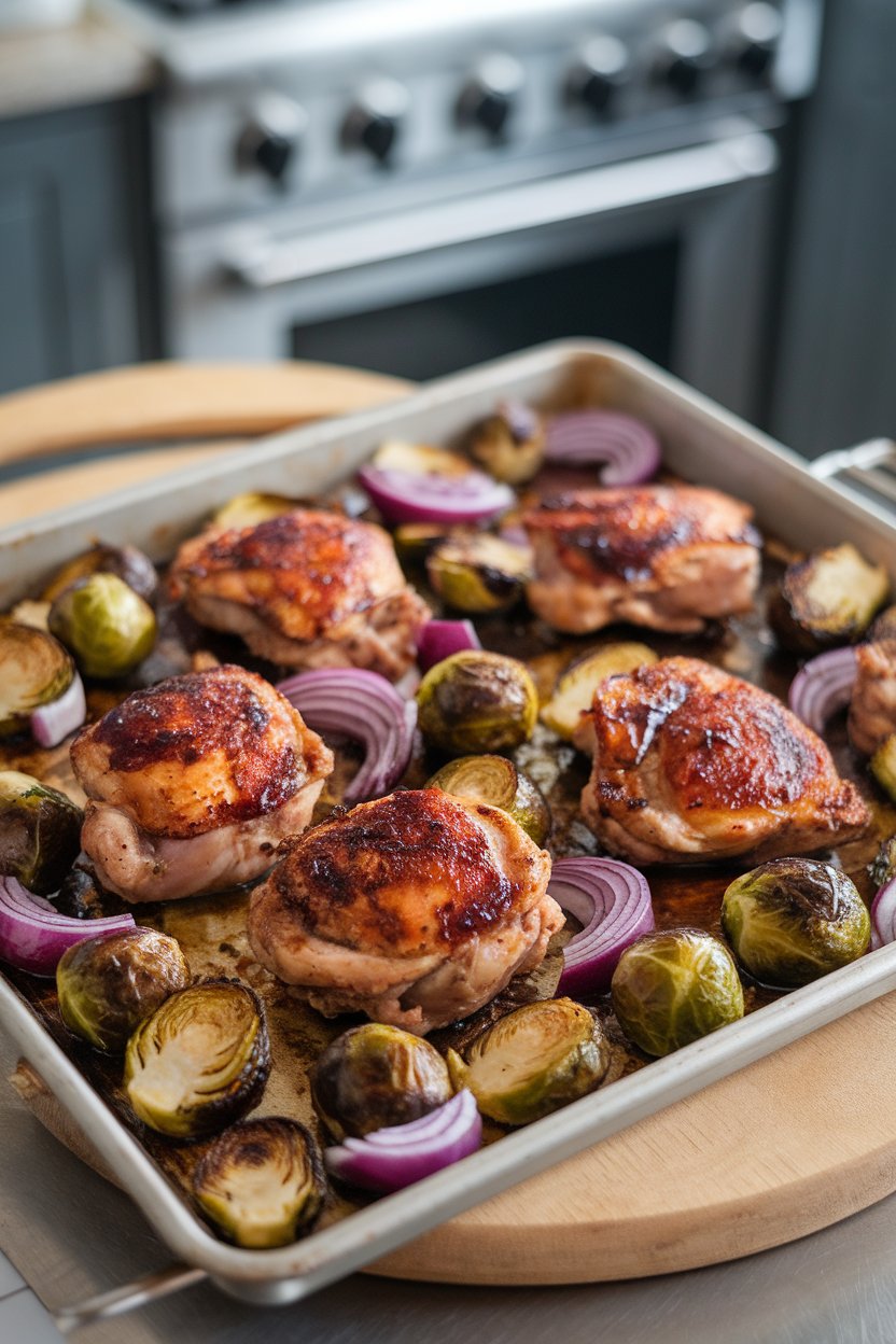 Photo of an indoor sheet pan with chicken thighs, Brussels sprouts, and red onion glazed in balsamic, no text or logos
