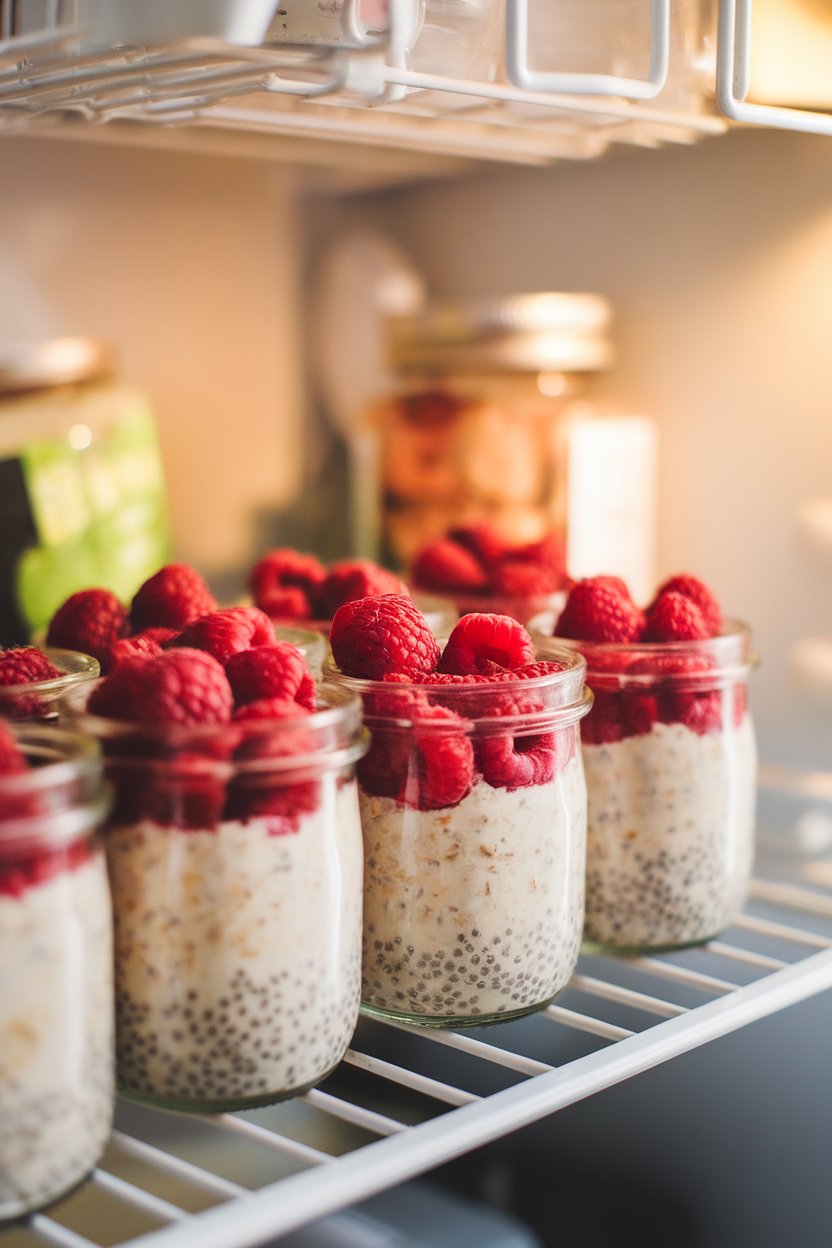 An indoor refrigerator door shelf holding tiny jars of cinnamon overnight oats topped with raspberries and chia seeds. No text or logos.