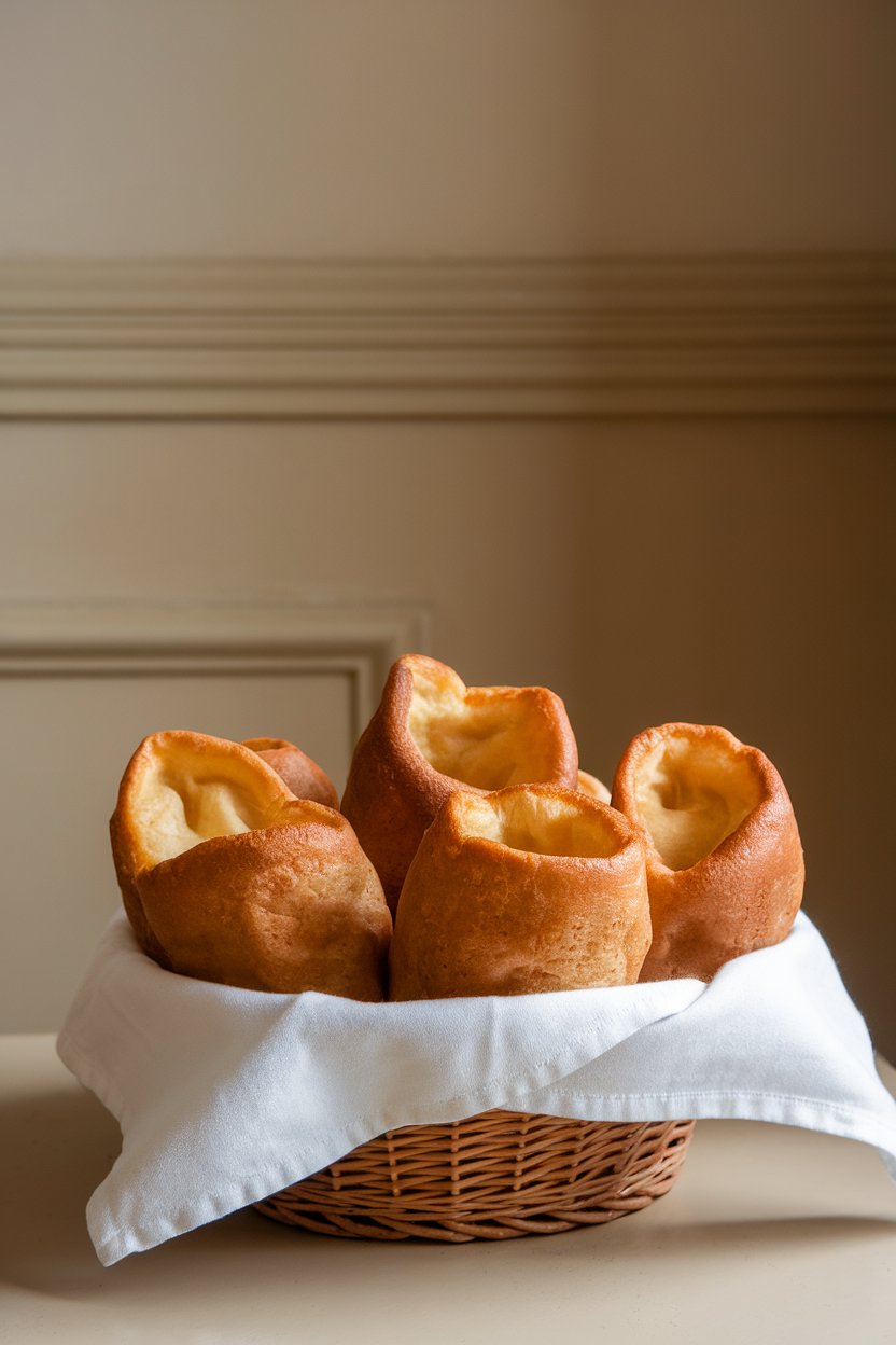 An indoor table with a basket of puffed, golden Yorkshire puddings, crisp edges visible, no text or logos. Photo.