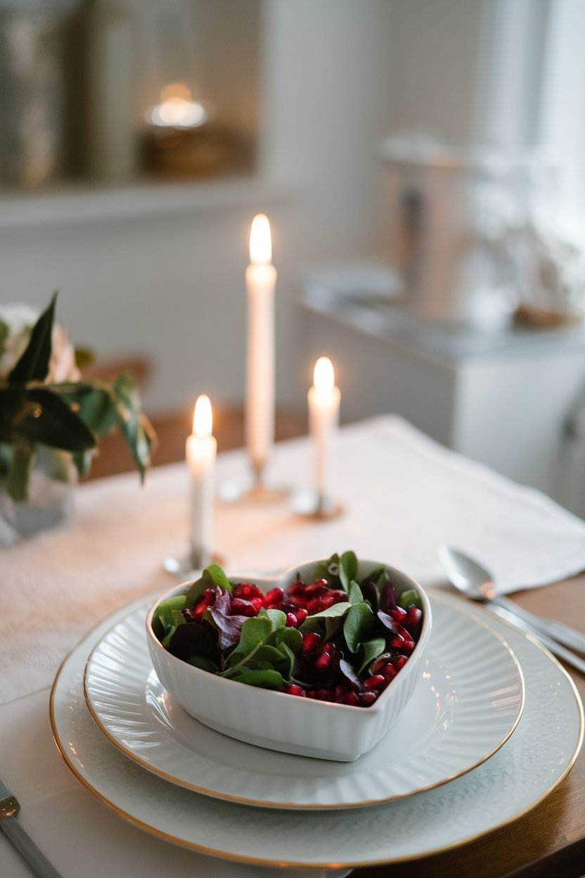 Photo of an indoor dining table with a heart-shaped bowl of mixed leafy greens and pomegranate seeds; soft candlelight; no text or logos.