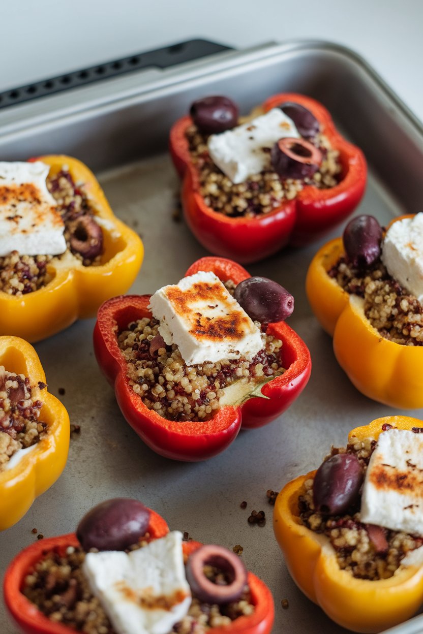 Photo of an indoor oven tray featuring halved bell peppers stuffed with cooked quinoa, olives, and feta; cheese lightly browned; no text or logos