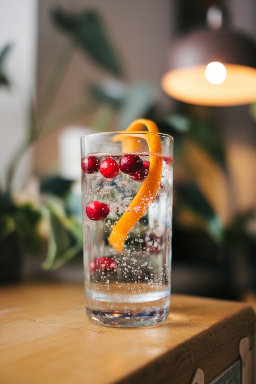 Photo of indoor highball glass with sparkling water, floating cranberries, and an orange twist, no text or logos.