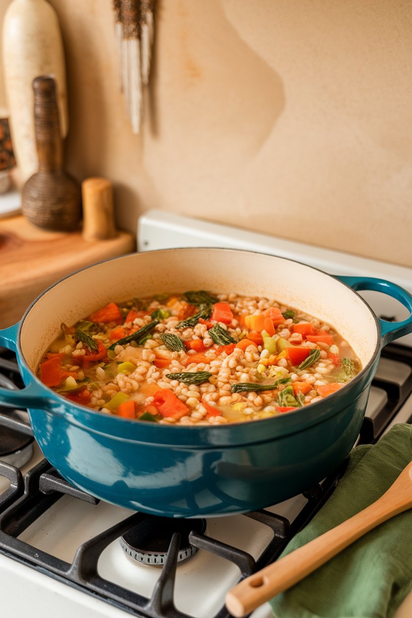 Photo of an indoor stovetop featuring a Dutch oven filled with simmering vegetable barley soup, ladle resting on the side. No text or logos present.