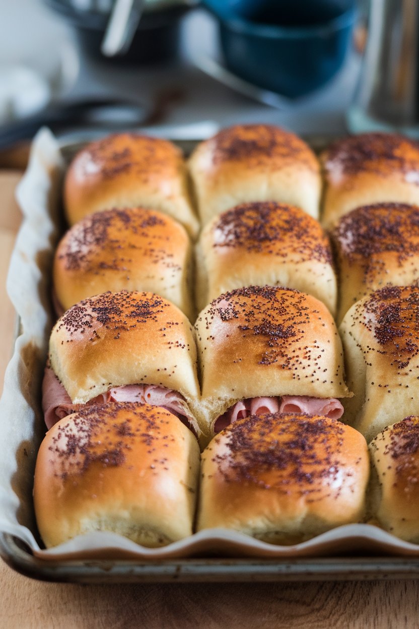 Indoor baking sheet of pull-apart ham and Swiss sliders brushed with buttery poppy-seed topping. No text or logos. Photo only.