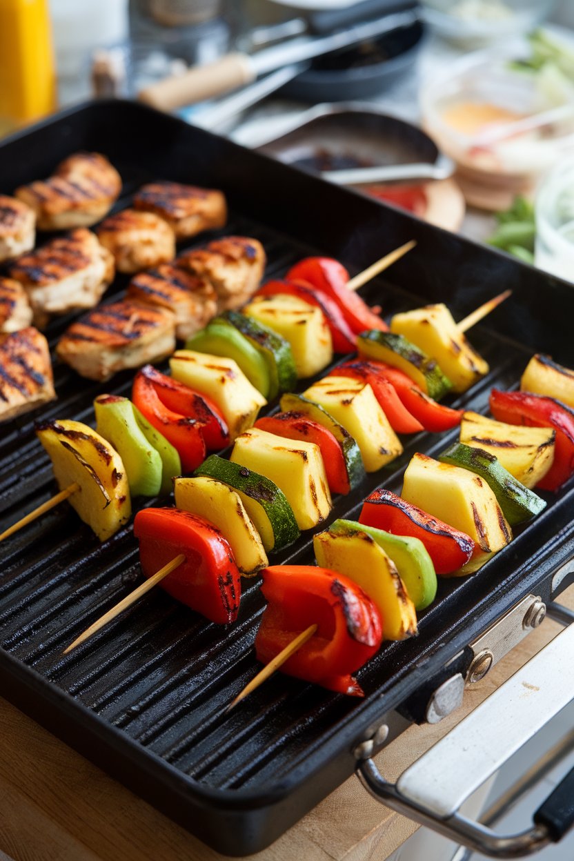 An indoor grill pan showing skewers of bell pepper, pineapple, and zucchini brushed with jerk marinade, slight char marks visible. No text or logos; photo, not illustration.