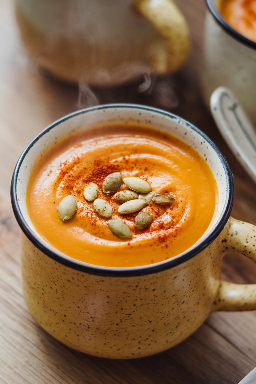 Indoor soup mug of creamy orange sweet-potato soup garnished with smoked paprika and pumpkin seeds; steam visible; photo, no text or logos.