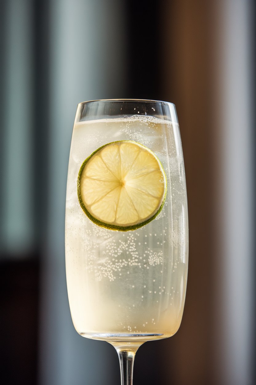 Indoor flute of pale ginger lime sparkler with a thin lime wheel, rising bubbles visible. No text or logos.