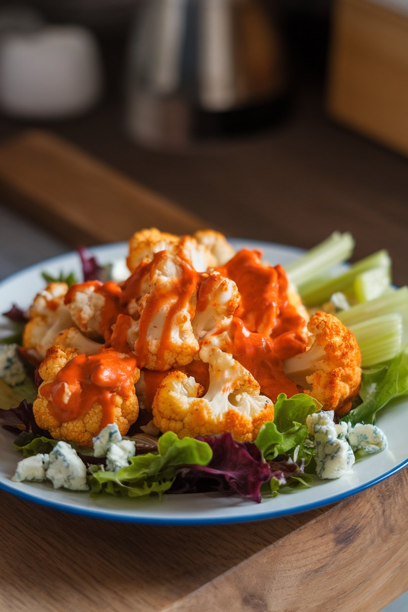 Indoor table displaying roasted cauliflower florets coated in Buffalo sauce over mixed greens with sliced celery and crumbled blue cheese. Photo only, no text or logos.