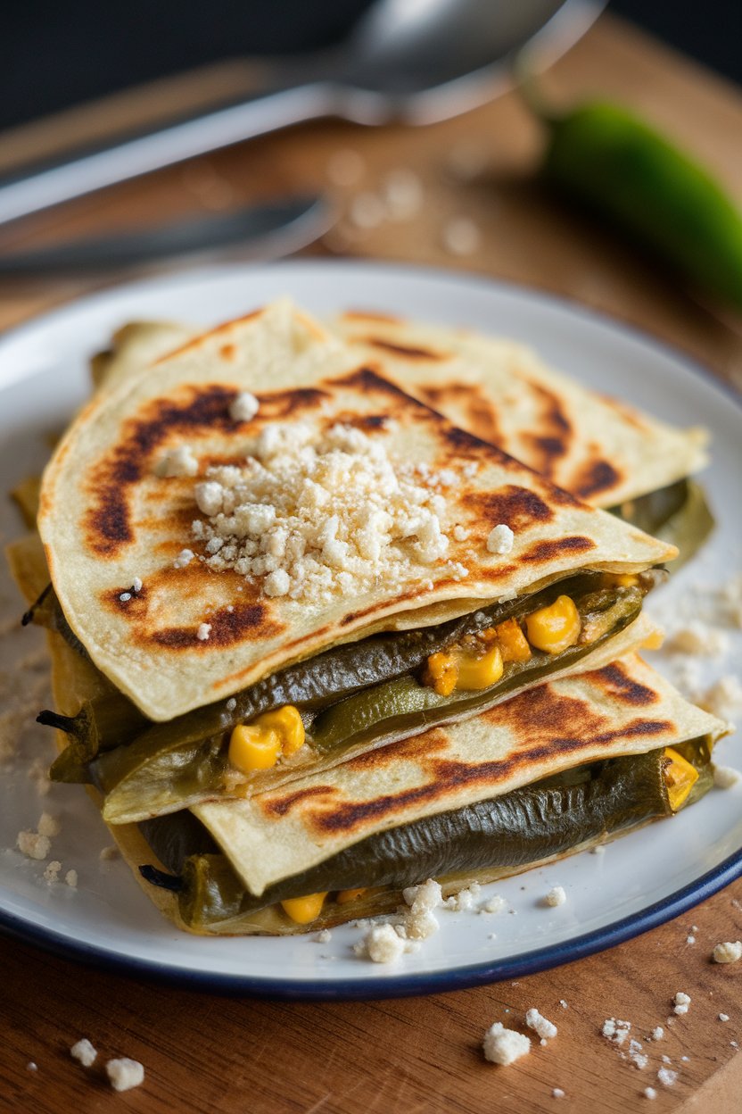 Indoor plate, roasted poblano and corn quesadilla with cotija crumbles, photo, no text or logos.
