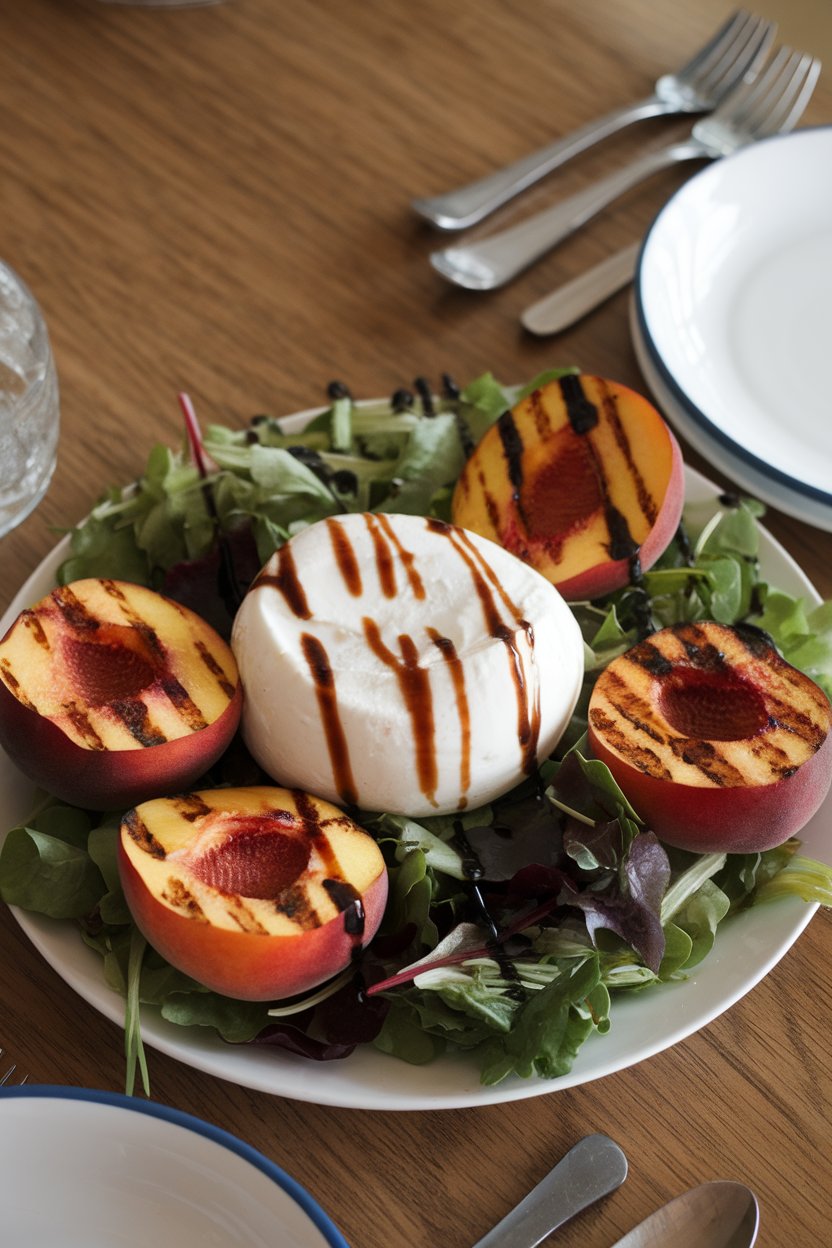 Photo of grilled peach halves nestled beside creamy burrata on mixed greens, drizzled with balsamic glaze on an indoor dining table, no text or logos.
