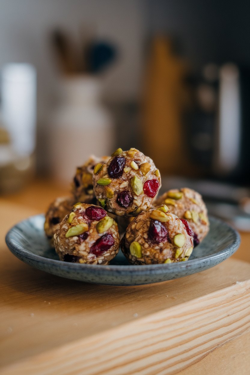A small plate indoors showing round energy bites studded with cranberries and pistachios; no text or logos, photo only