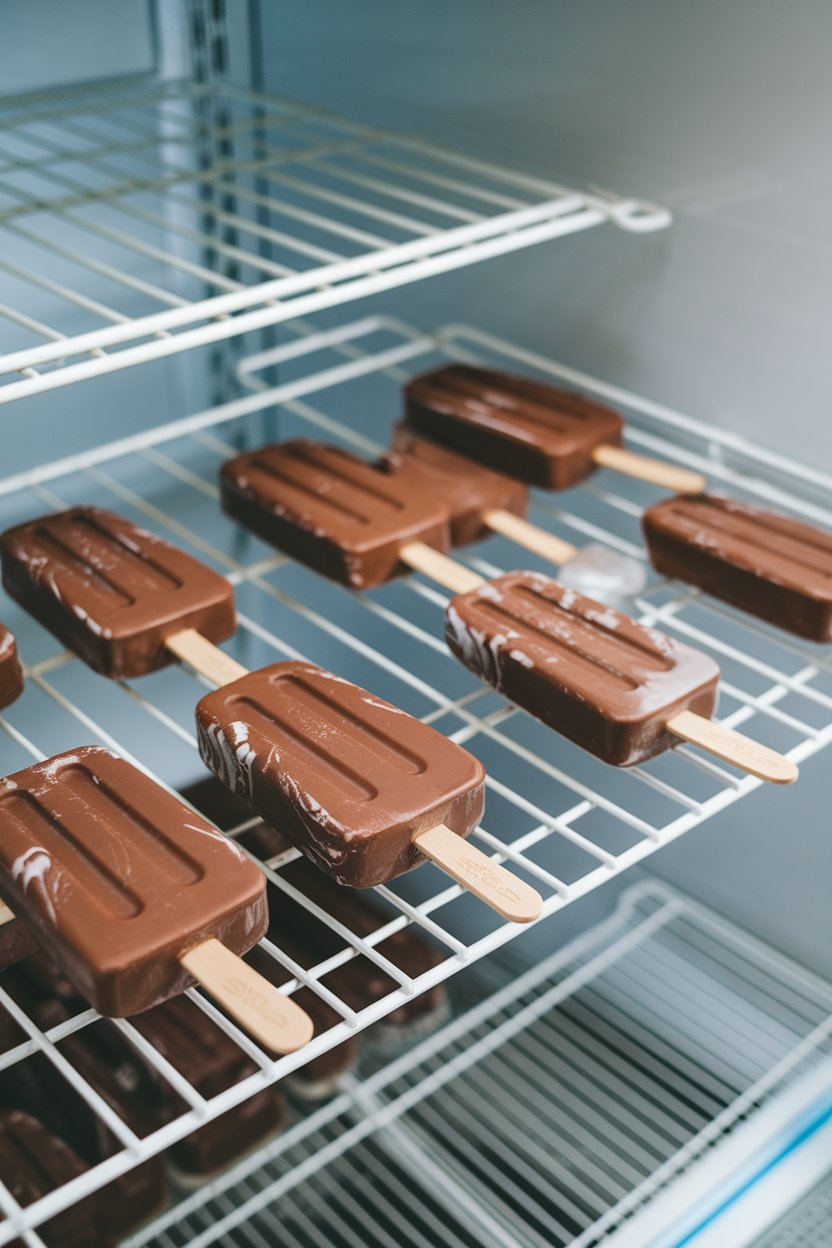 An indoor freezer rack with chocolate popsicles removed from molds, slight frosting on the surface. No logos or text.