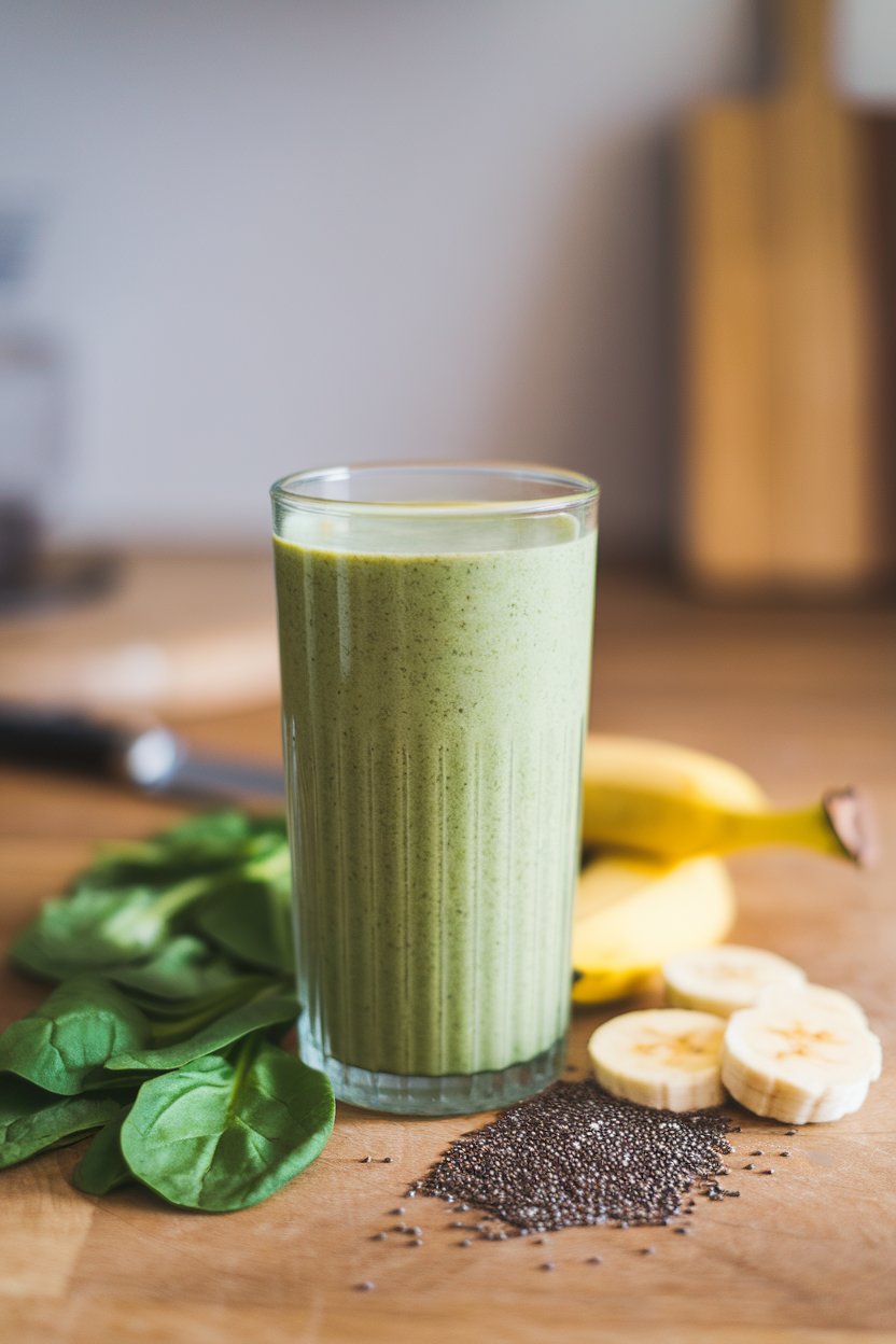 An indoor countertop with a tall glass of vivid green smoothie beside scattered spinach leaves, banana slices, and chia seeds. No brand names or text.