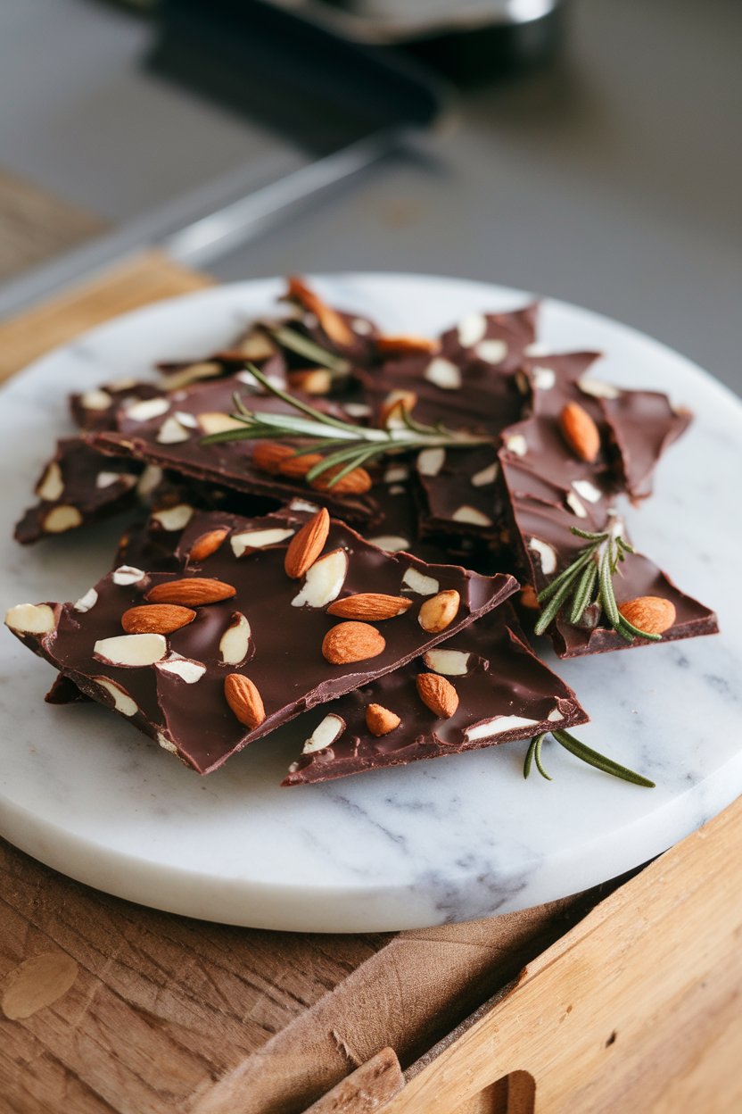 Photo of an indoor marble board with shards of dark chocolate bark studded with toasted almonds and rosemary leaves, no text or logos.